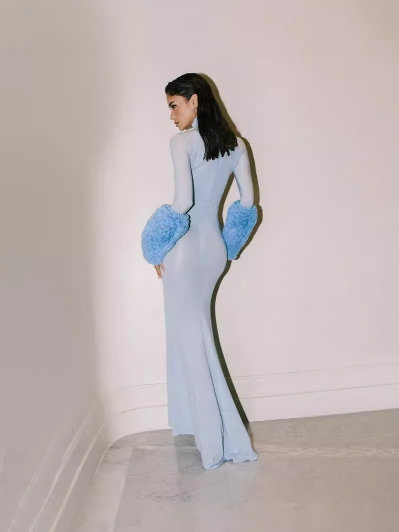 Blue high neck see through slim fit feather long sleeved dress, elegant and sexy party dress