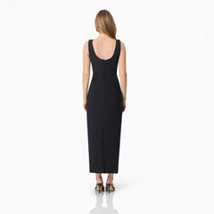 U-neck sleeveless diamond studded three-dimensional flower slim fit black dress with buttocks wrapped