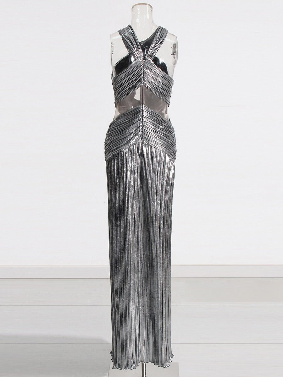 Socialite style banquet dress long skirt cross hanging neck and waist slimming dress