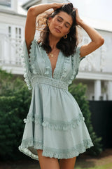 Women's lace patchwork lace up backless big swing batball sleeve dress