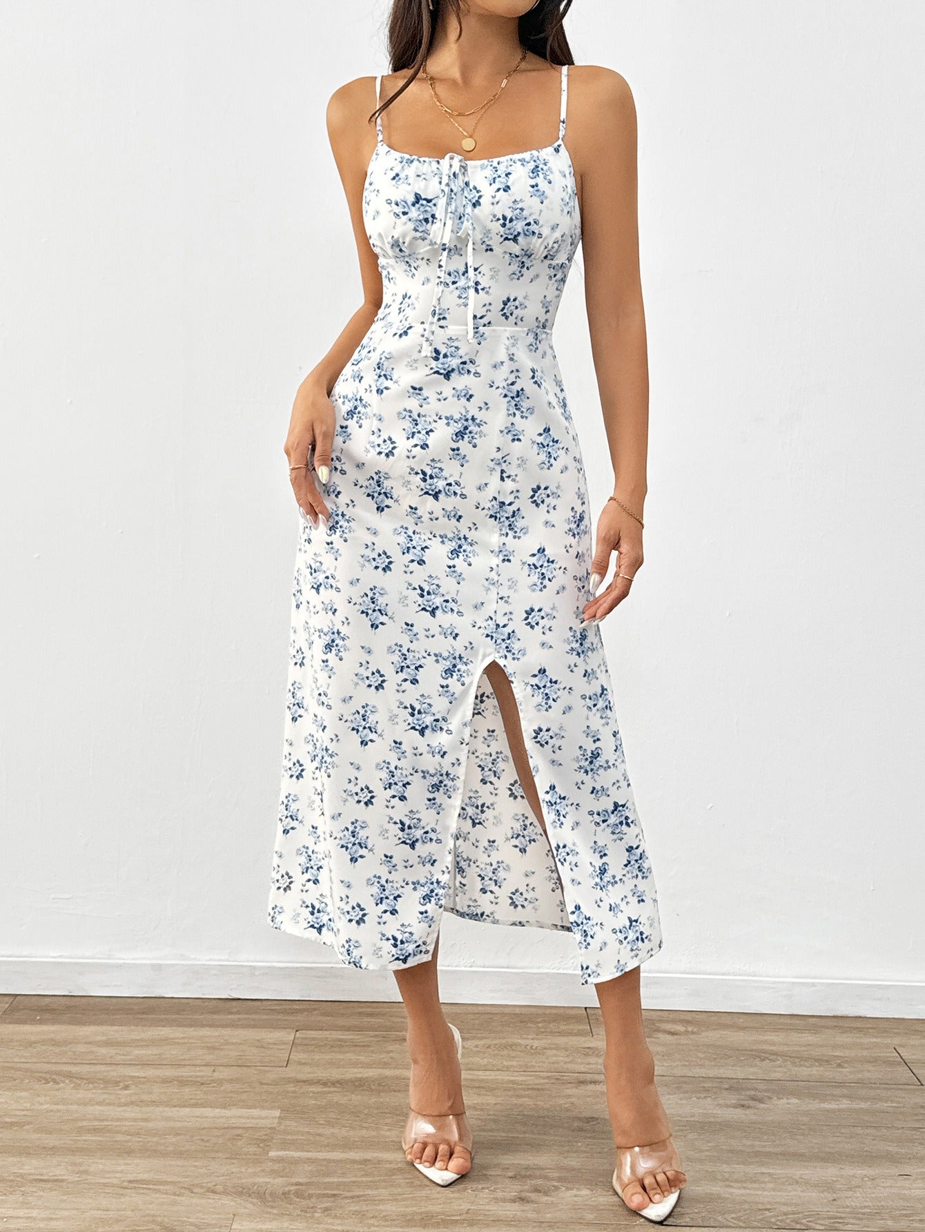 European and American fresh style camisole floral dress, high waisted pullover A-line mid length skirt