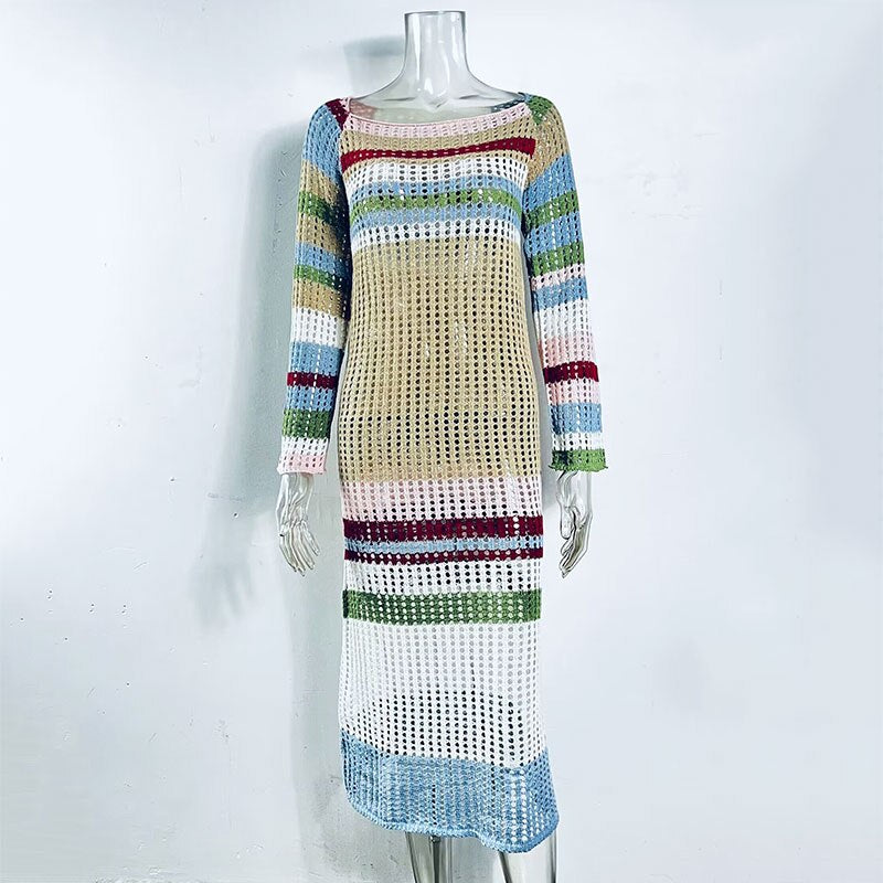 GACVGA Striped Knitted Sexy Long Dress Full Sleeve Hollow Out Casual Women Beach Party Maxi Dress
