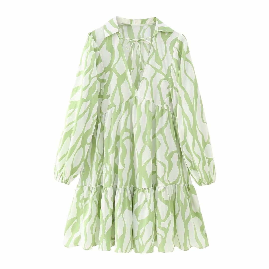 Women V Neck Graffiti Print Casual Mini Shirt Dress