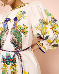 Elegant Birds Flower Printed Belts Dress Women Long Lantern Sleeve O-neck Colorful Holiday Vestidos