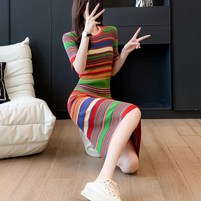 Vintage Striped Knee-Length Slim Knitted Dress Women Korean O-neck Bodycon Sweater Dresses Elegant Vestidos Mujer P704