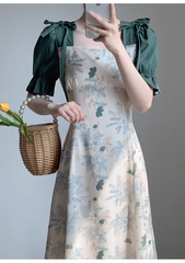 Retro square neck dress summer French style patchwork floral long dress