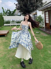 Oil painting floral suspender dress Women's summer stitching fake two piece skirt
