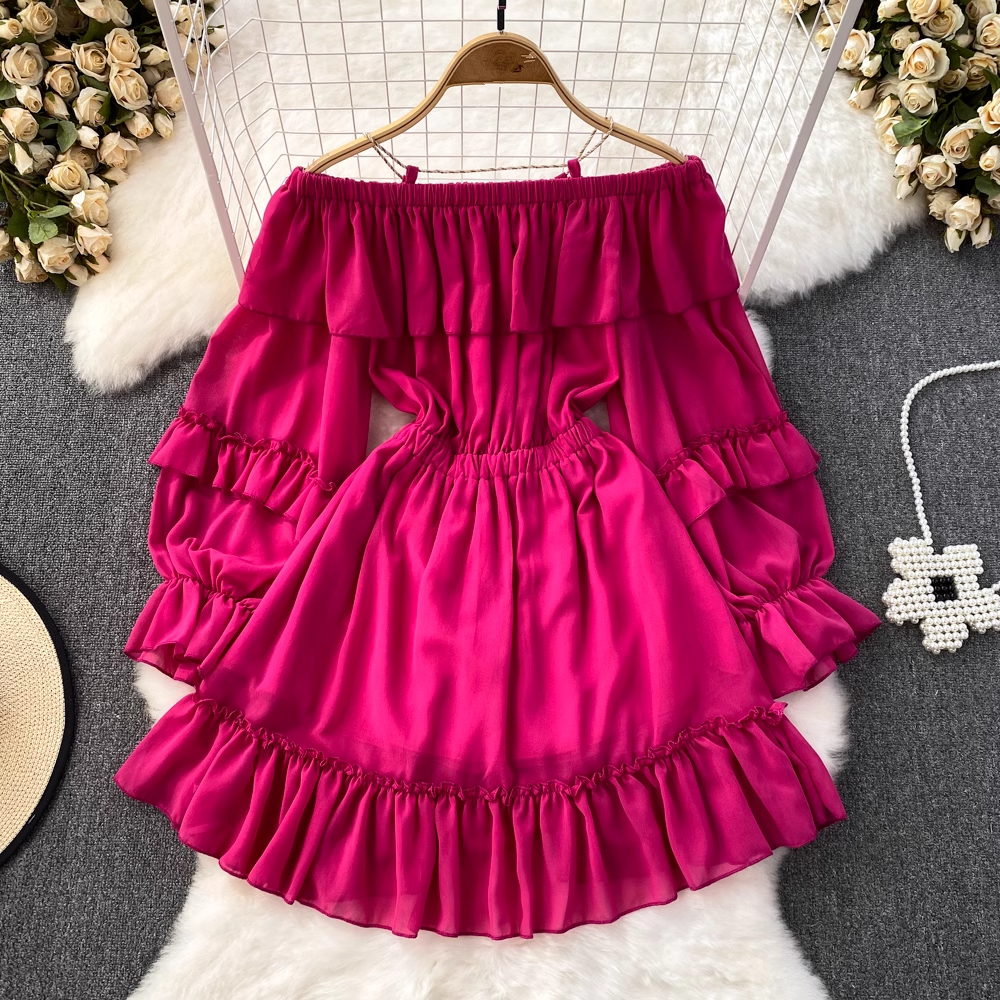 off-the-shoulder waistline slimming A-line dress with ruffles