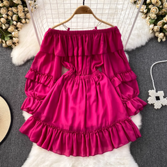 off-the-shoulder waistline slimming A-line dress with ruffles
