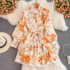Retro court style lantern sleeve tassel belt waist print dress
