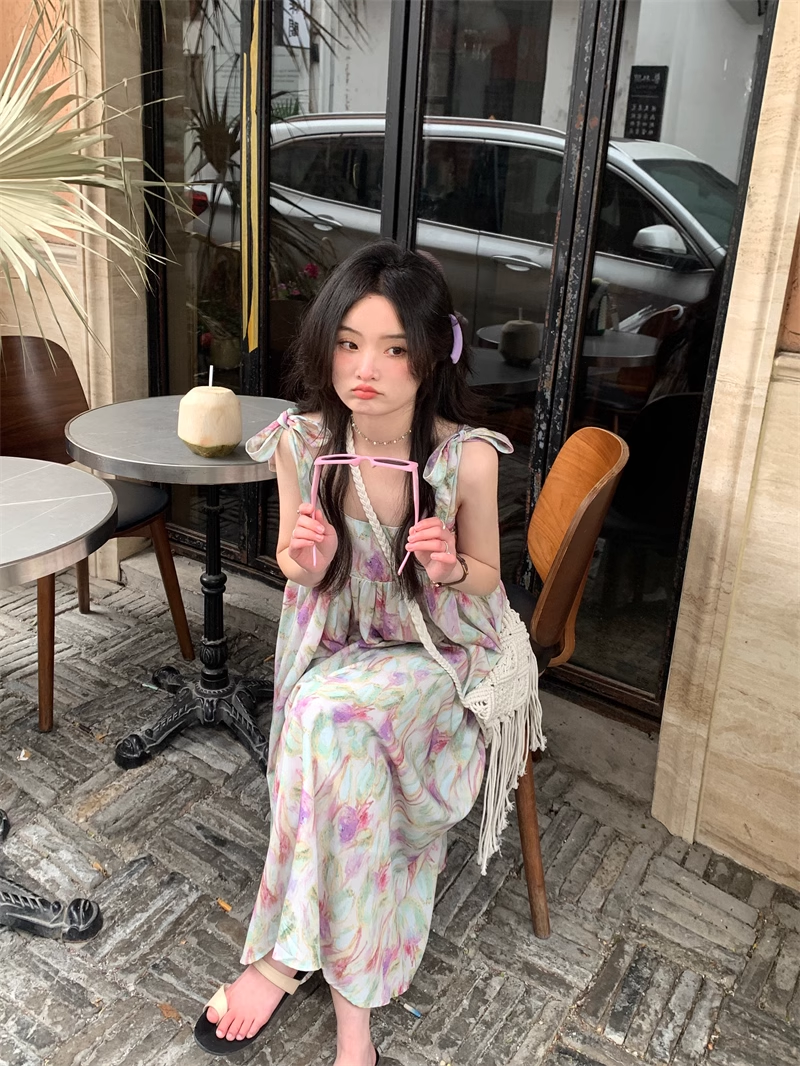 Retro oil painting printed suspender dress in summer