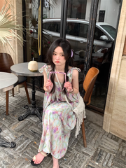 Retro oil painting printed suspender dress in summer
