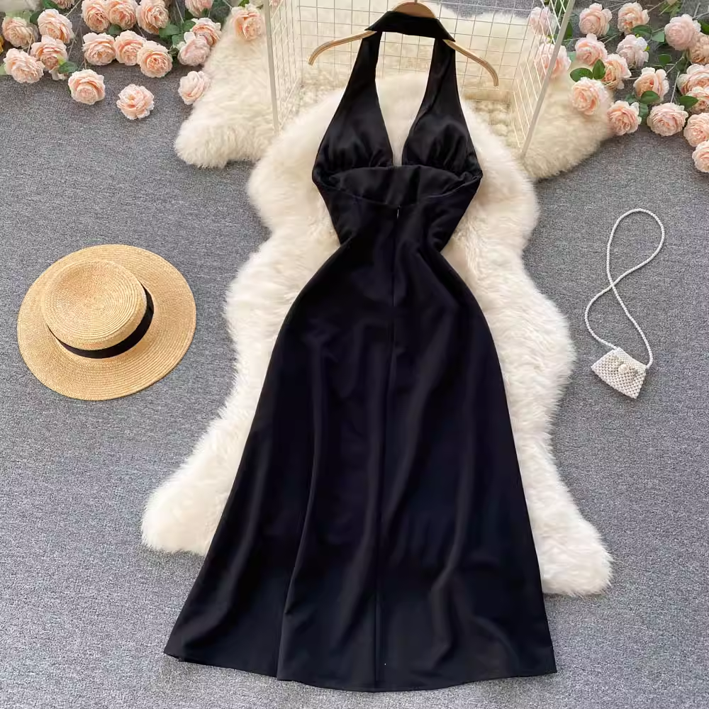 Black V-neck slit open back halter neck dress