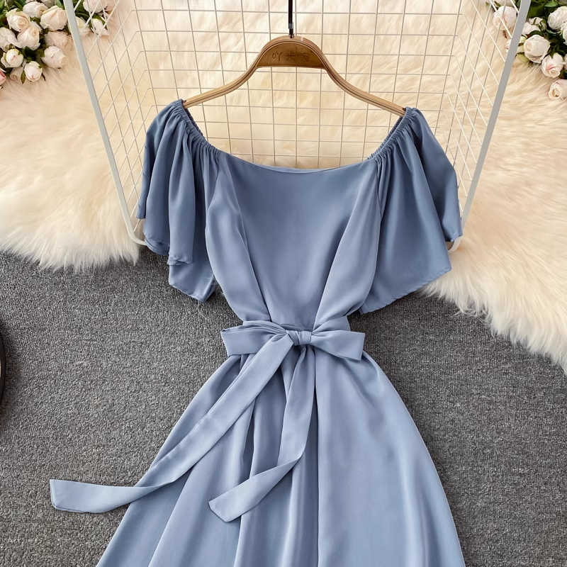 chic retro solid color ruffled mid-length square neck dress