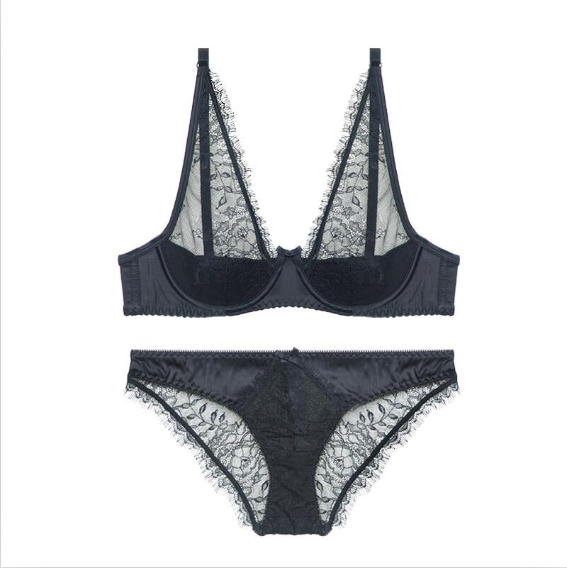 Ultrathin Lace Embroidery Transparent Push Up Bra Set