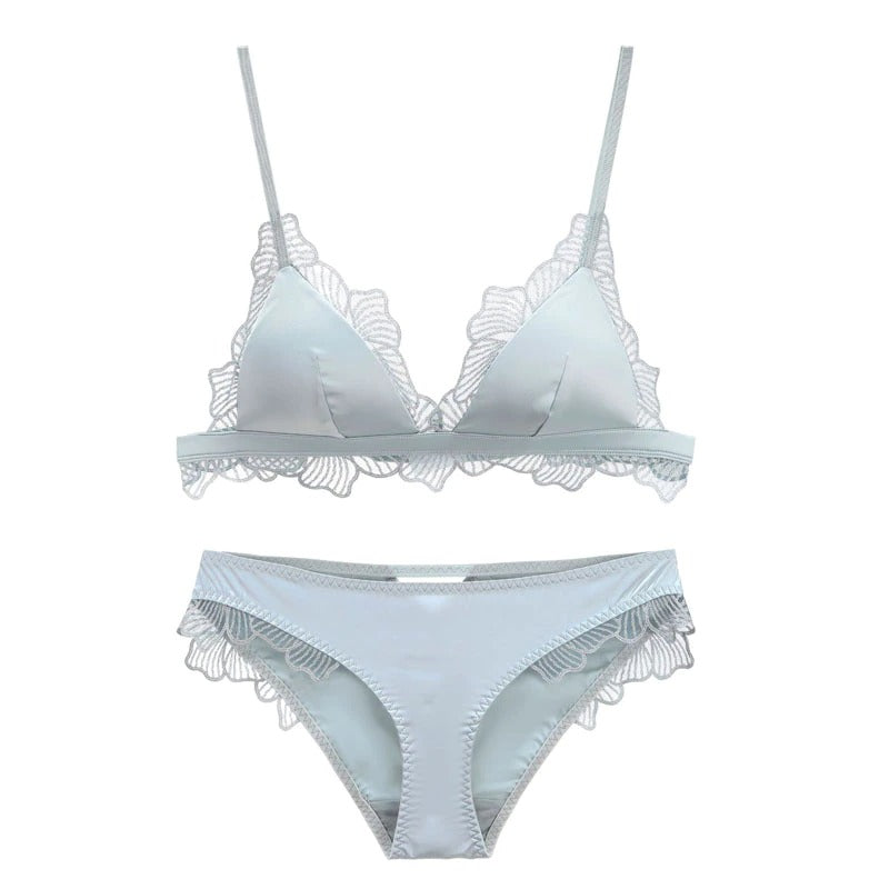 Set aus bügellosem Satin-Spitzen-Bralette und Unterwäsche