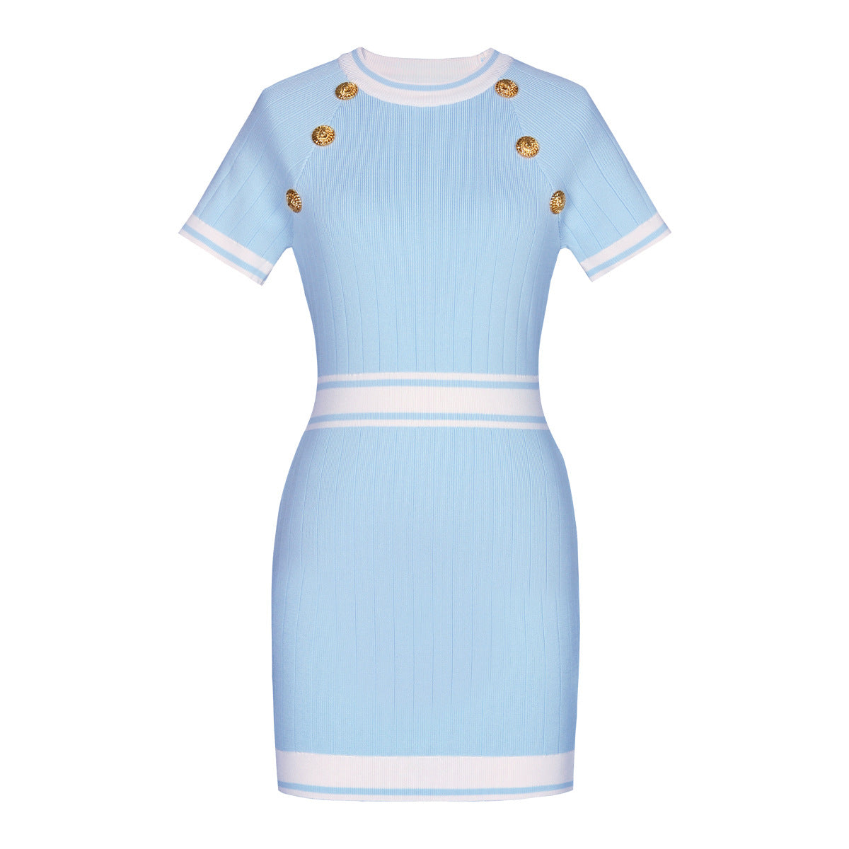 style round neck cinched waist slimming short sleeved hip hugging woolen knitted dress