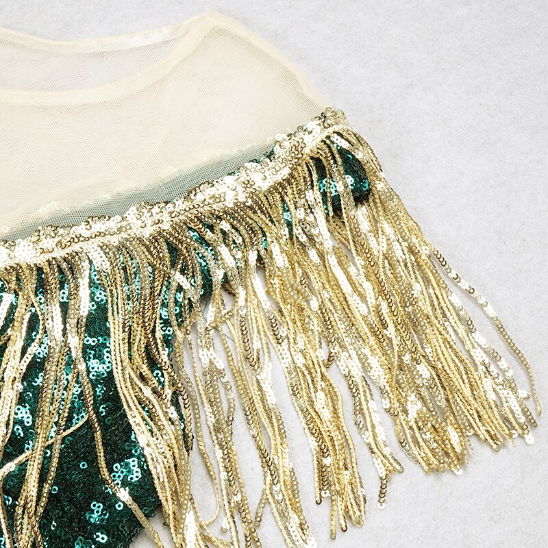 Dark Green Sequin Temperament Tassel Long Skirt Evening Dress Party Slim Evening Dress