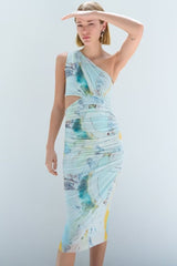 Print Tulle Dress Female Beach Resort Style Asymmetrical Collar Waist Hollow Out Design Perspective Dress