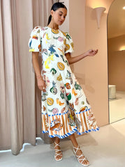Short Sleeve Vintage Print Maxi Dress Casual Round Neck Puff Sleeve Loose Women Long Dress Slim Fit Elegant Robe