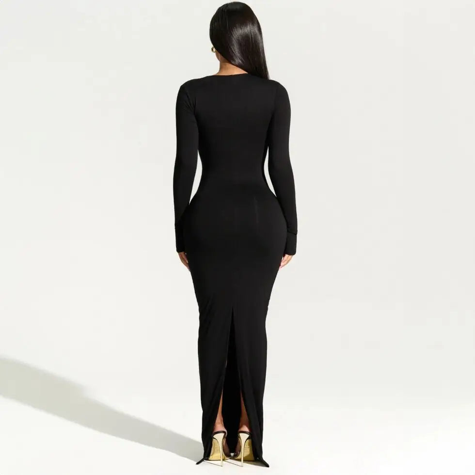 Sexy Black Evening Party Dress Women Elegant Fall Winter Outfits Asymmetrical Long Sleeve Slit Maxi Dresses 809