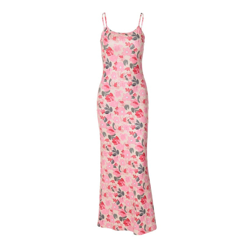 sexy backless printed slim fit suspender dress