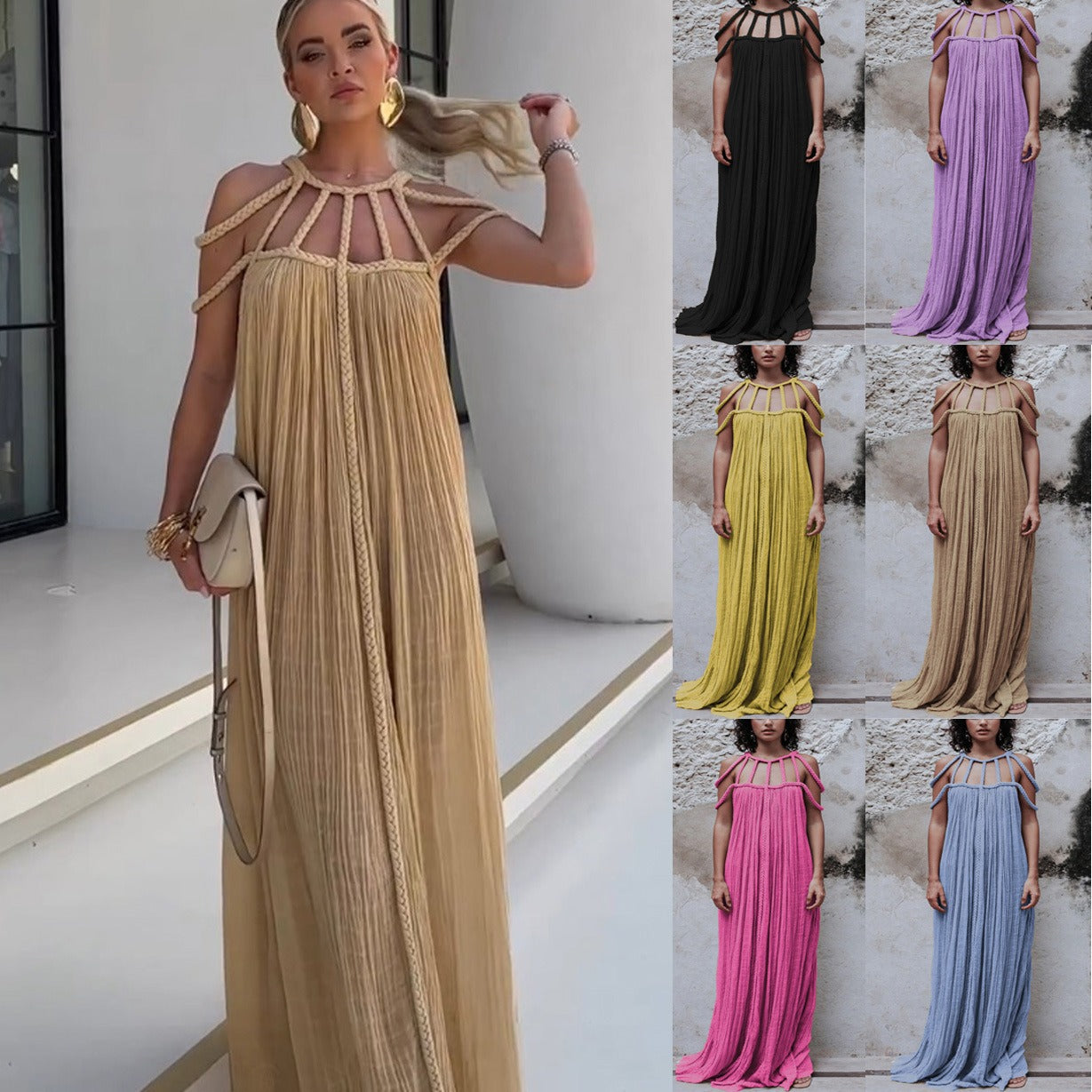 Leisure drawstring multi-color dress for vacation loose fitting dress