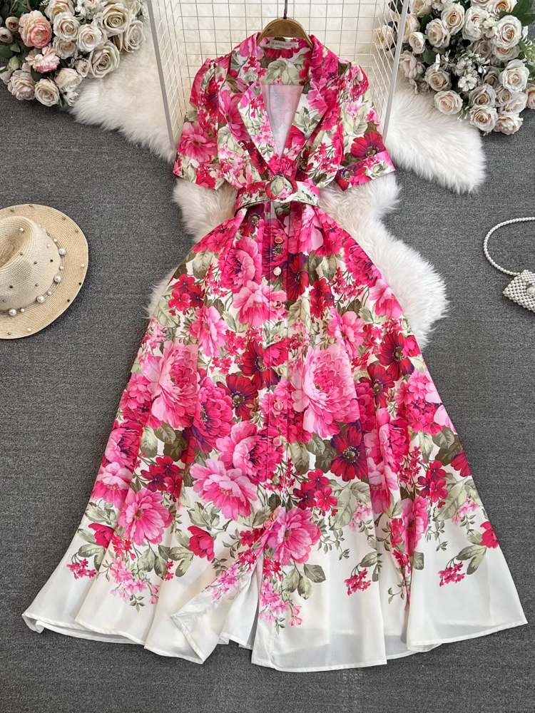 Short-sleeved suit collar waisted single-breasted A-line printed dress