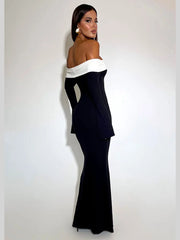 Shoulder Contrast Color Knitted Maxi Dress Women Long Sleeve Bodycon Dresses Female Chic Party Evening Robe