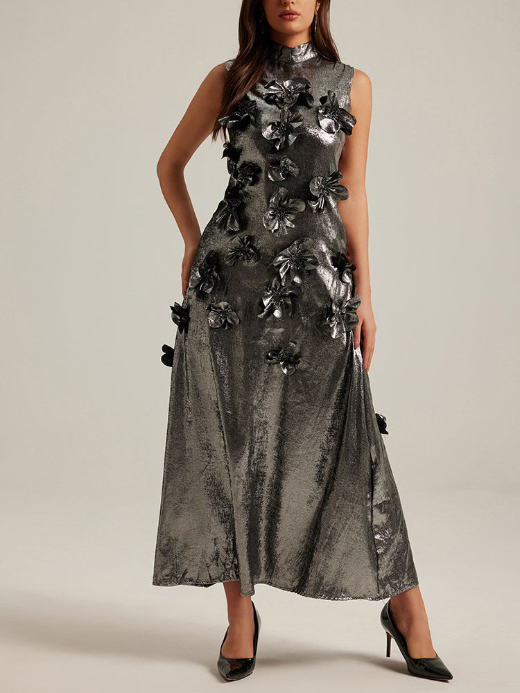 Three dimensional flower splicing sleeveless waist cinched A-line skirt long dress
