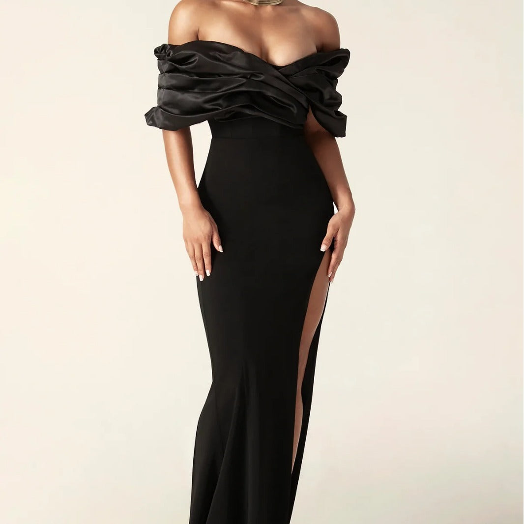 Black pleated edge strapless dress for slimming, tight fitting, and floor length, with a hip hugging design