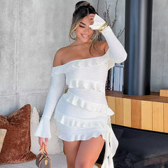 one shoulder lotus leaf edge flared sleeve ribbon dress