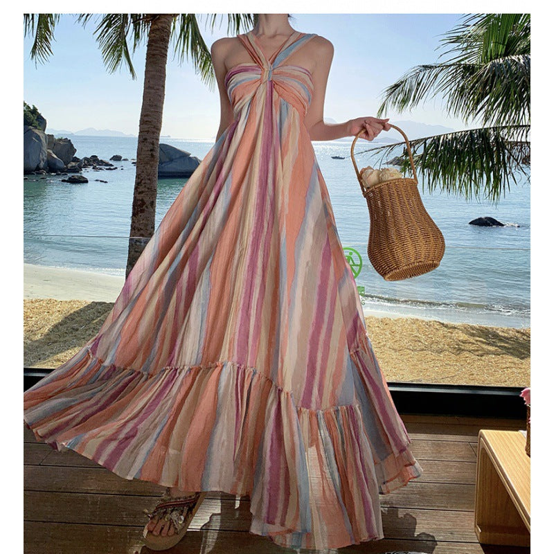 Dopamine Dress Rainbow Stripe Candy Gradient Hanging Neck Tie dye Long Dress