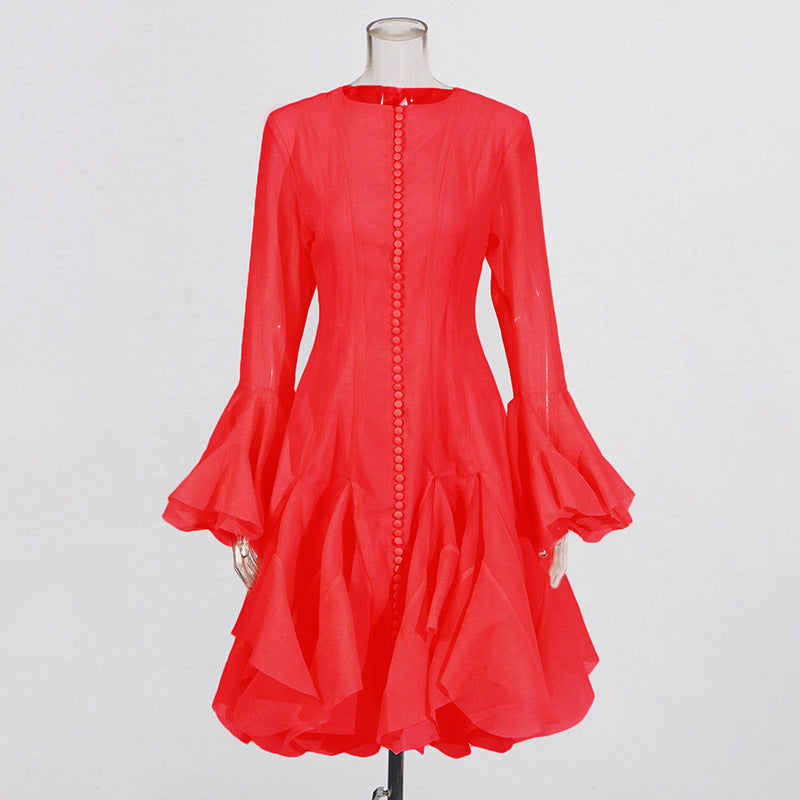 Round neck splicing ruffled mid-length skirt trumpet sleeve mid-length dress
