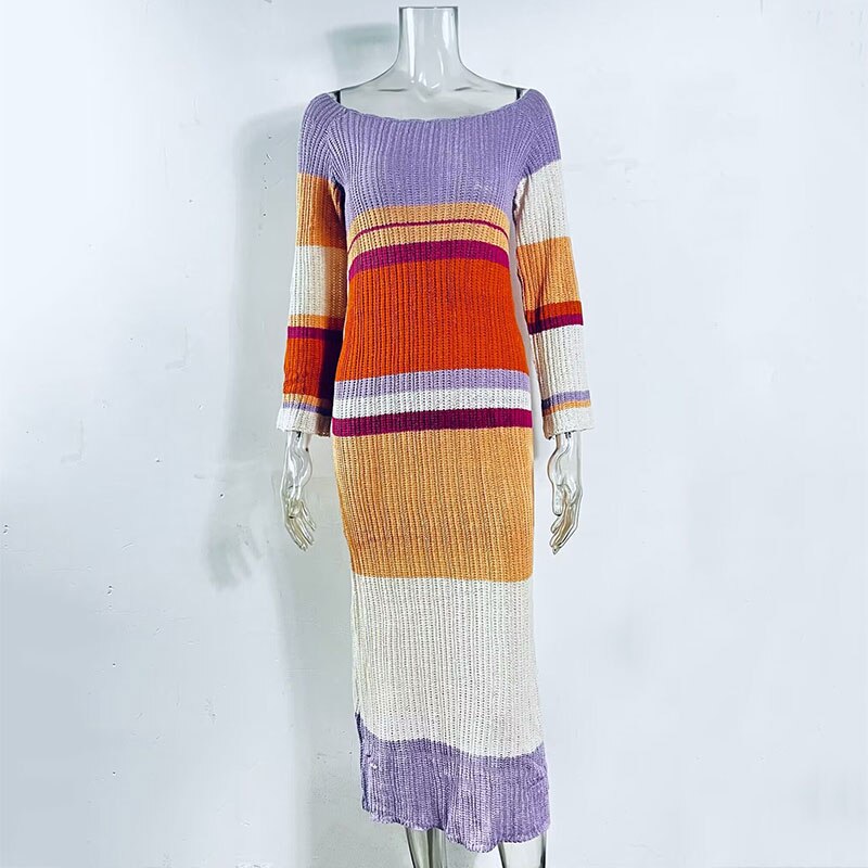 GACVGA Striped Knitted Sexy Long Dress Full Sleeve Hollow Out Casual Women Beach Party Maxi Dress