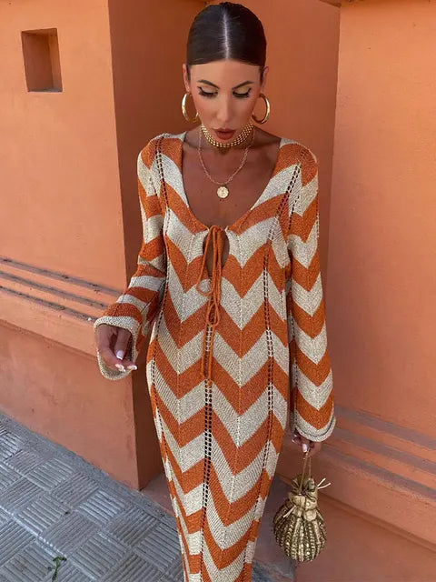 GACVGA Knitted Stripe Full Sleeve Maxi Dress Hollow Out Beach Elegant Slim Party Club Long Dress
