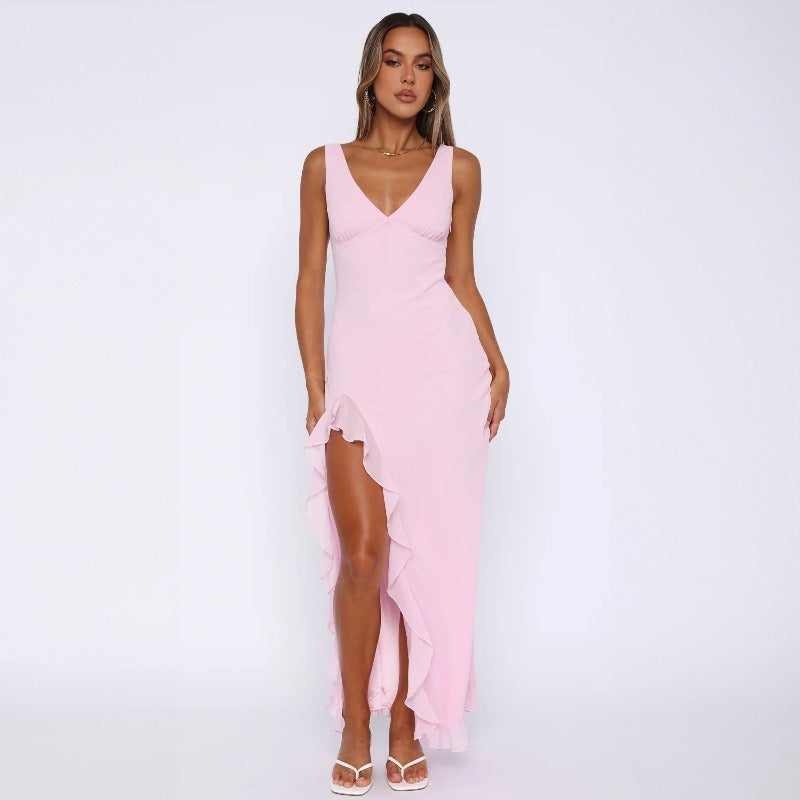V-neck sleeveless black fungus edge slit backless dress