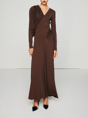 Asymmetric slim fit slimming long dress with V-neck design pleated solid color dress