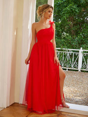 Women's single shoulder solid color mesh slit slim fit dress