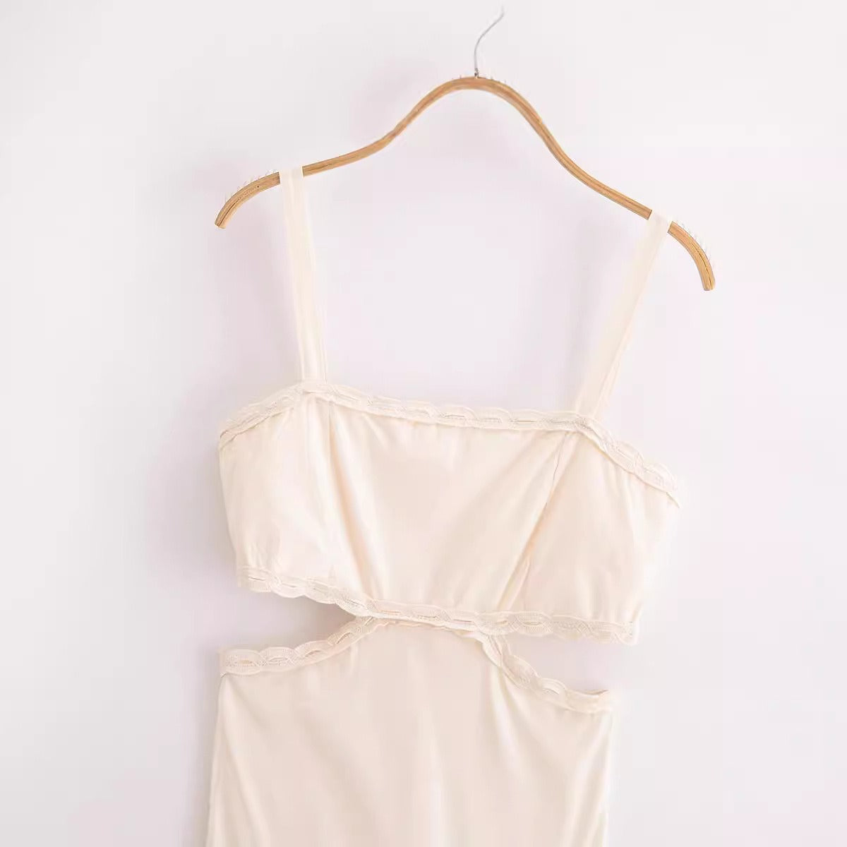 Solid color pullover square neck hollow out design lace decorative camisole dress