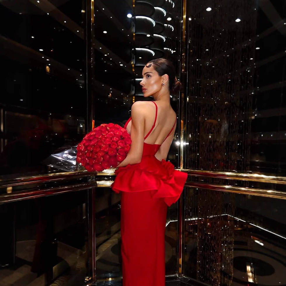 Red V-neck ruffle hem backless waist cinched evening dress socialite long dress