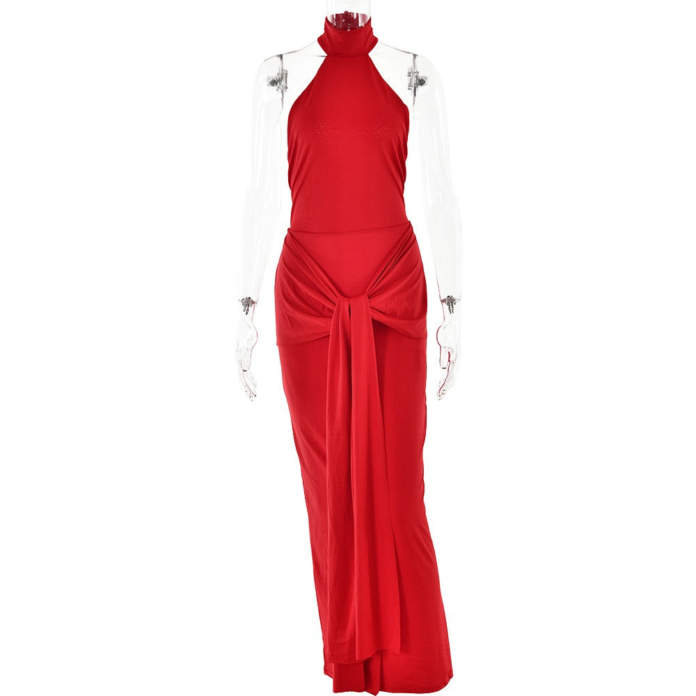 Round neck strappy dress, sexy hot girl backless tight long dress