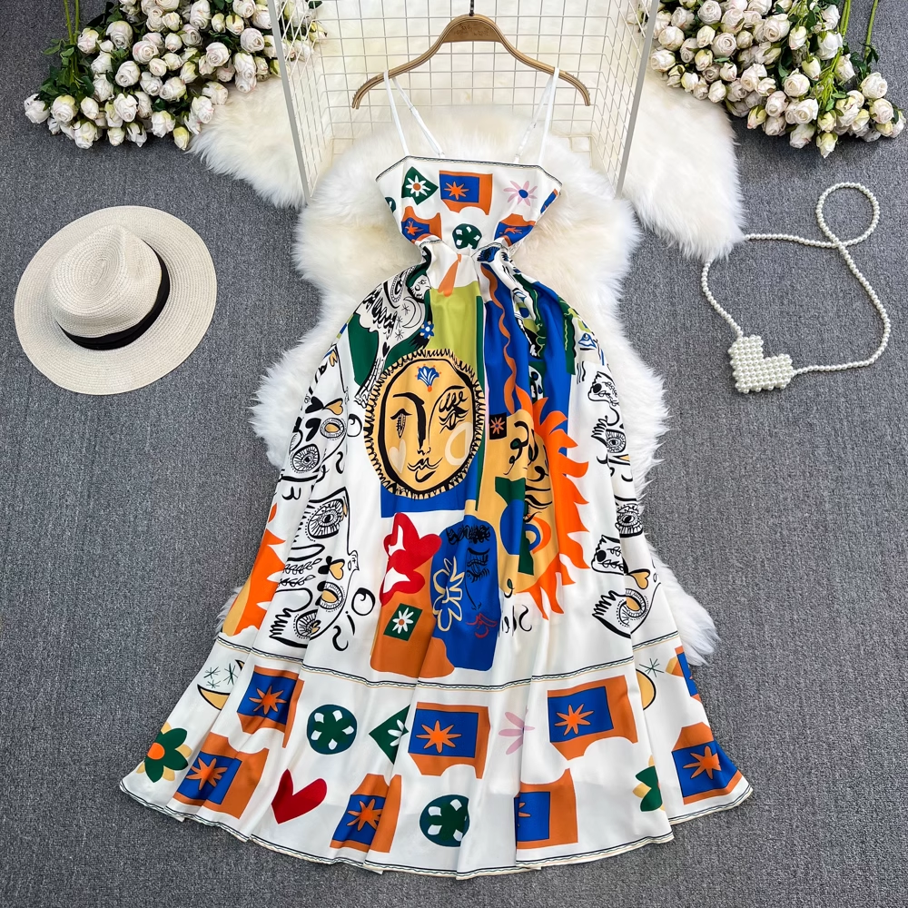 Oil painting graffiti printing summer high-quality loose sleeveless a-line dress