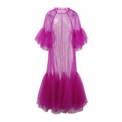 Lace collar loose petal short sleeved mesh dress, women's patchwork puffy skirt, hood skirt