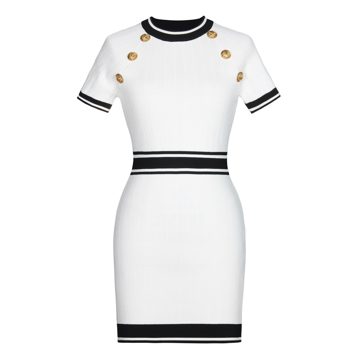 style round neck cinched waist slimming short sleeved hip hugging woolen knitted dress