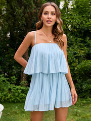Solid color suspender dress with two layers of lotus leaf A-line skirt