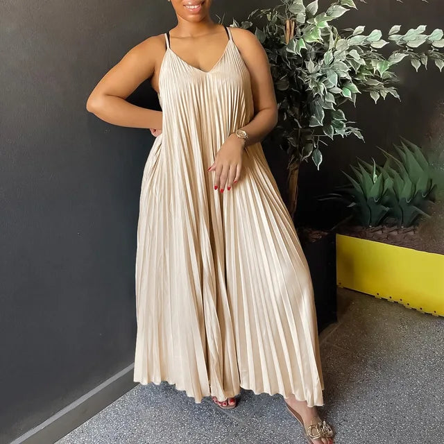 Sexy Spaghetti Strap Dresses Pleated V Neck Sleeveless Loose Straight Ankle Length Elegant Evening Night Party Dress