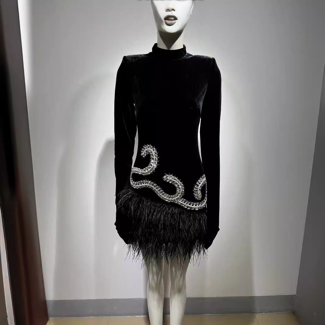 Diamond Feather Skirt Black Shoulder Padded Short Dress Retro Banquet Performance Dress