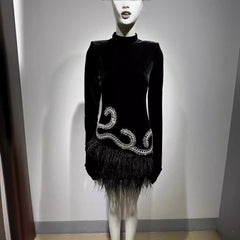 Diamond Feather Skirt Black Shoulder Padded Short Dress Retro Banquet Performance Dress