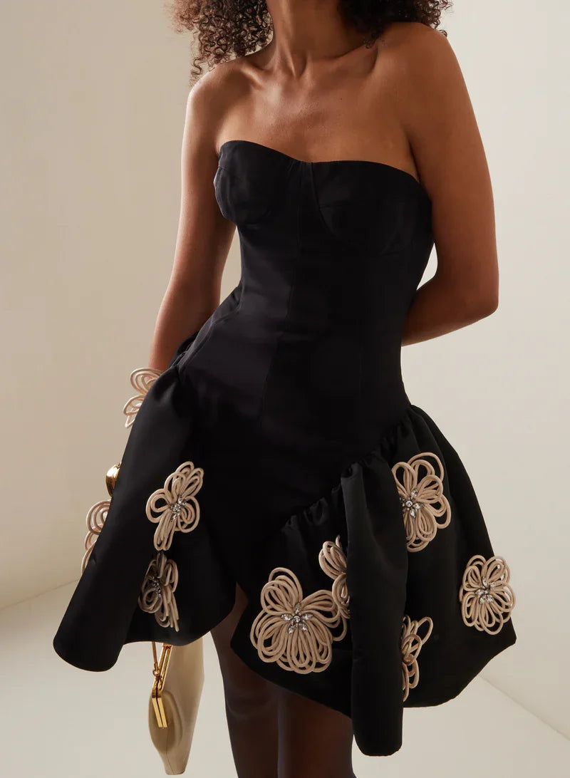 Black Color Women Sexy Strapless Florals Ball Grown Mini Bandage Dress Birthday Party Celebrate Cocktail Dress Wholesale